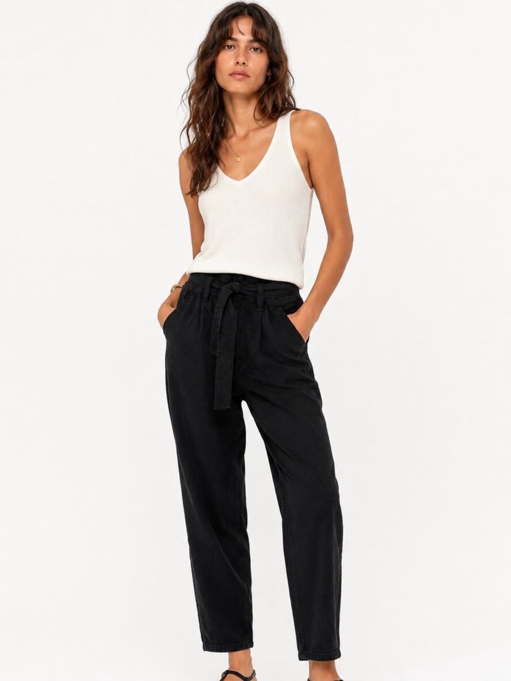 ba&sh Jalia Trousers Belted Crop High Waist Paper Bag in Blackstone denim US 2